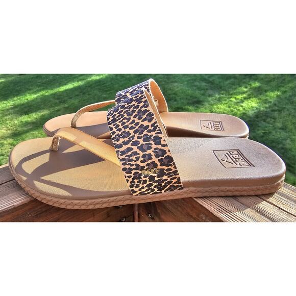 Reef Womens Brown Cushion Sol Diagonal T Strap Flip Flop Sandals Size 10 Leopard - Picture 3 of 7